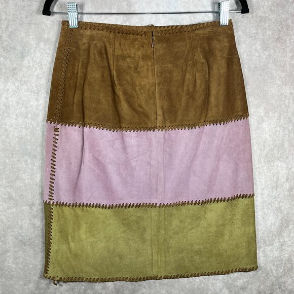 Etcetera Calf Suede Pencil Skirt 2 Green Brown Pink‎ Colorblock Boho Festival - Picture 4 of 9